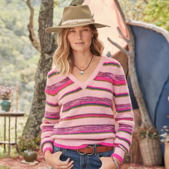 Sundance | Pink Green Striped Wool Blend V-Neck Sweater, Large - Picture 2 of 9